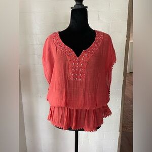 NY Collection size L coral beaded cotton top batwing style